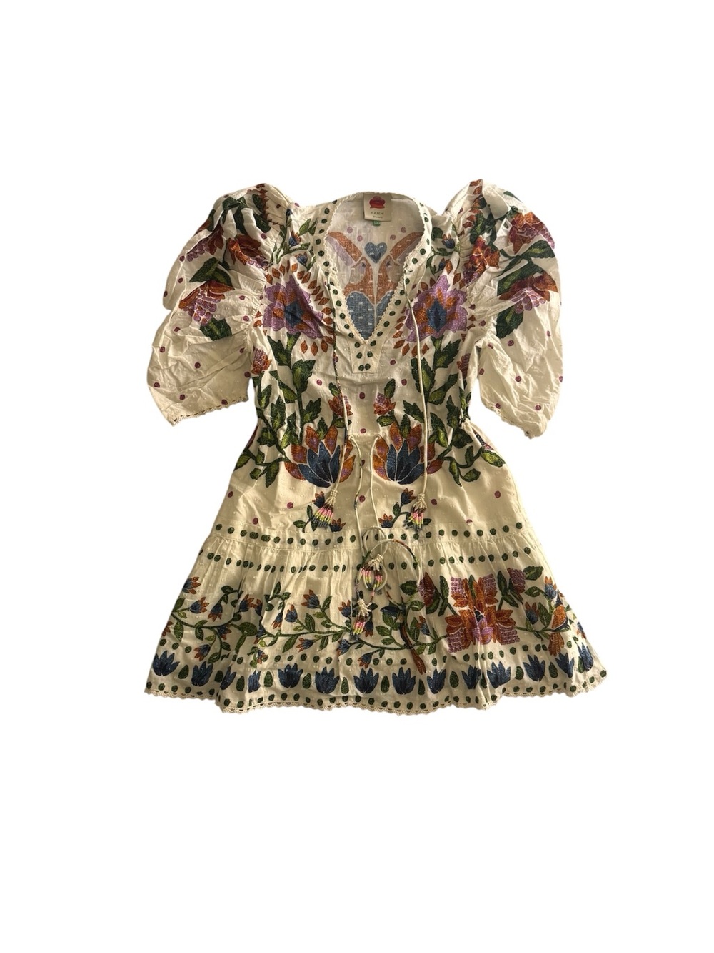 FARM Rio Cream Floral Embroidered Puff-Sleeve Dress